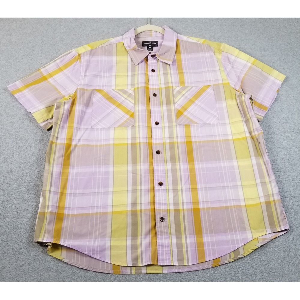 Houston White Button Up Shirt Mens XL Purple Yellow Plaid Short Sleeve Casual